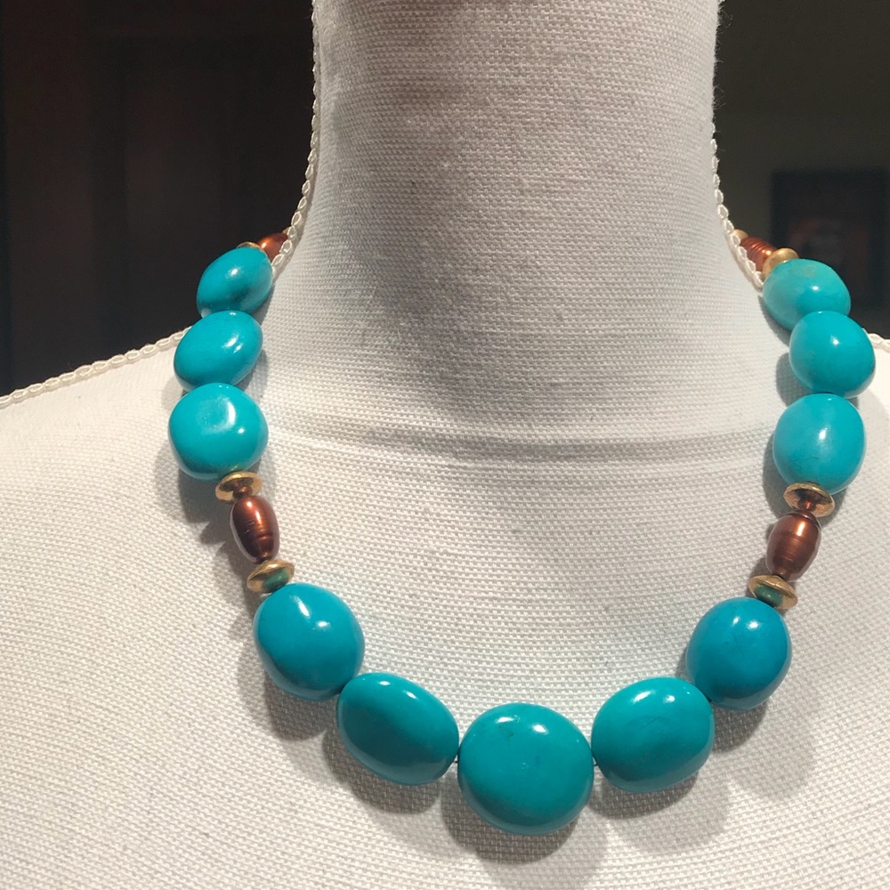 Turquoise and Bronze Pearl Gold Necklace